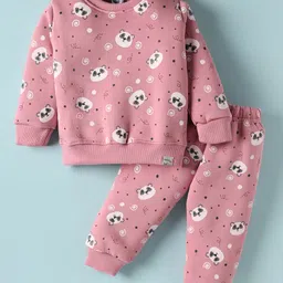 Teddy Fleece Knit Full Sleeves Co-ords Winter Wear Night Suit With Animal Print - Pink-picture-15