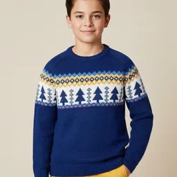 Pine Kids Knit Full Raglan Sleeves Pullover Sweater with Tree Design - Navy Blue-picture-25
