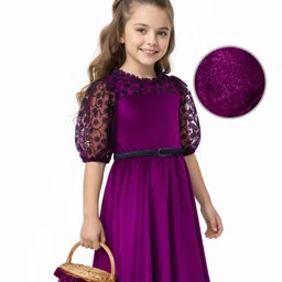 Hola Bonita Knit Half Puffed Sleeves Dress with Belt & Floral Embroidery - Wine-picture-12