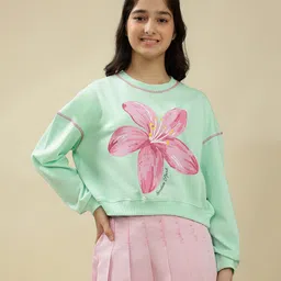 Lil Tomatoes Cotton Looper Knit Full Sleeves Light Winter Floral Printed Sweatshirt - Light Green-picture-18