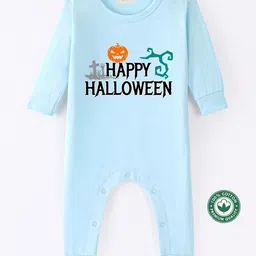BLUSHES 100% Cotton Knit Halloween Theme Full Sleeves Happy Halloween Text Printed Romper - Aqua Blue-picture-11