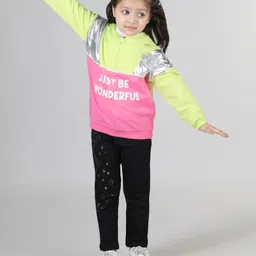 Babyhug Cotton Knit Full Sleeves Front Open Cut & Sew Hooded Sweat Shirt with Metallic Fabric & Zipper Detailing Text Print - Multicolour image 2