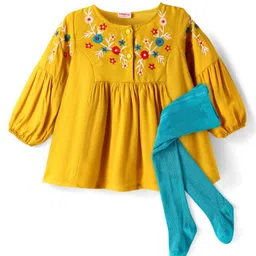 Babyhug Rayon Knit Full PeasantSleeves Floral Embroidered Frock with Bootie Leggings - Yellow & Light Blue image 3