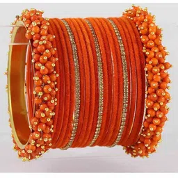 ZULKA Set Of 42 Gold Plated Metal Pearls & Zircon Diamonds Velvet Bangles Set-picture-15