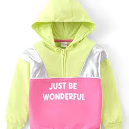 Babyhug Cotton Knit Full Sleeves Front Open Cut & Sew Hooded Sweat Shirt with Metallic Fabric & Zipper Detailing Text Print - Multicolour image 5
