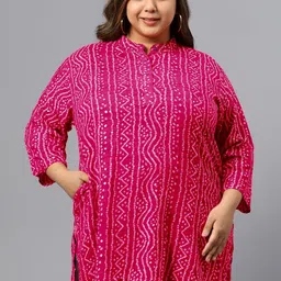 Indietoga Women Plus Size Bandhani Printed Mandarin Collar Straight Short Kurti-image-97