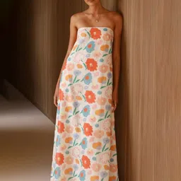 Outzidr Floral Printed Strapless Bandeau Maxi Dress-image-3