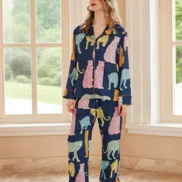 JC Collection Women Graphic Printed Lapel Collar Night suit image 2