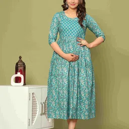 UrbanRang Cotton Floral Printed Fit and Flare Maternity Midi Dress-picture-15