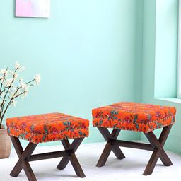 Ikiriya Pack Of 2 Orange-Coloure Printed Wooden Rectangle Ottomans-picture-42