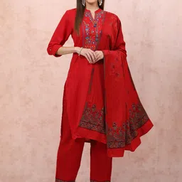 Rangriti Floral Embroidered Mandarin Collar Rolled-Up Sleeves Straight Kurta-picture-37