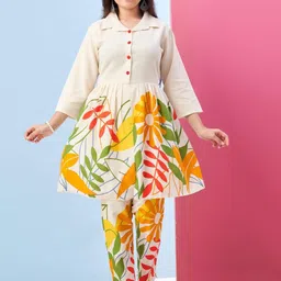 BAESD Girls Floral Printed Shirt Collar Pleated A Line Pure Cotton Kurta With Trousers-picture-54