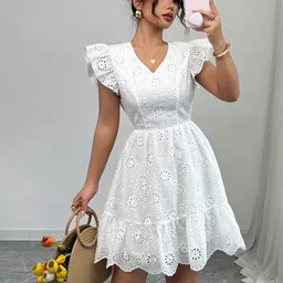 HERE&NOW Women Self Design Fit & Flare Schiffli Dress-picture-41