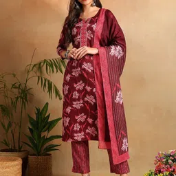 KALINI Floral Printed Notch Neck Straight Kurta With Trousers & Dupatta-picture-30