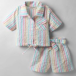 CrayonFlakes Girls Striped Short Sleeves Pure Cotton Shirt With Shorts-picture-37