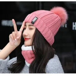 reffer Woolen Beanie Cap with Scarf Set Stretch Warm(Inside Fur) Lining for girls|Women Beanie image 2