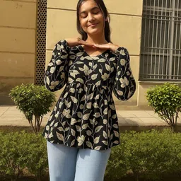 pahirava Party Regular Sleeves Printed Women Black Top image 3