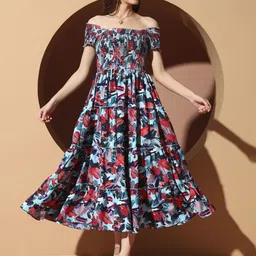 OTABU Women Floral Print Off-Shoulder Puff Sleeve Applique A-Line Midi Dress-picture-36