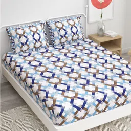 DREAM WEAVERZ White & Blue Geometric Printed 260 TC King Bedsheet Set 2.35mx 2.55m image 2