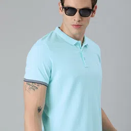 WROGN Men Turquoise Blue Slim Fit Solid Polo Collar Pure Cotton T-shirt-picture-12