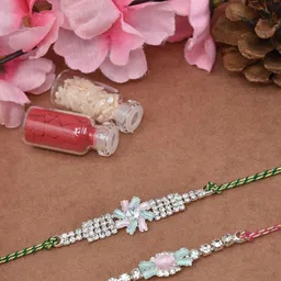 MEIRA JEWELLERY Set Of 2 Stones Studded Thread Rakhis With Roli Rice & Greeting Card-picture-11
