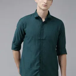 V Dot Green Cotton Slim Fit Striped Shirt-image-74