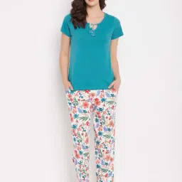 Clovia Turquoise & White Cotton Floral Print Top Pyjamas Set-image-37