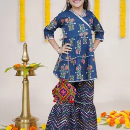KiddoPanti Girls Floral Printed Pure Cotton A Line Kurta with Sharara-picture-47