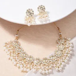 Fida Ethnic South Indian Traditional Antique Gold-Plated Pearl Kundan Choker Necklace Set for Women-image-34