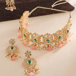 Zaveri Pearls Green & Pink Stones Traditional Choker Necklace Earring & Ring Set-ZPFK13803-picture-36