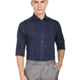 Arrow Navy Blue Cotton Slim Fit Checks Shirt-picture-14