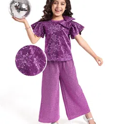 Hola Bonita Glitter Half Sleeves Floral Printed Top With Bow and Shimmer Pant - Lilac-picture-38