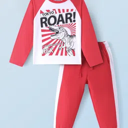 Honeyhap Premium 100% Cotton Knit Raglan Sleeves Night Suit With Bio Finish Dinosaur Print - Red & White-picture-16