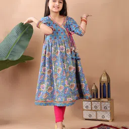 Kinder Kids Cotton Three Fourth Sleeves Floral Printed Kurta With Solid Leggings - Blue & Pink image 1