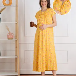 Bella Mama 100% Cotton Half Sleeves Rainbow Printed Concealed Zipper Nursing Nighty - Yellow-picture-14