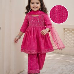 Babyhug Woven Full Sleeves Kurti Palazzo & Dupatta Set With Sequin Embriodery - Pink-picture-18