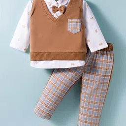 ToffyHouse Interlock Knit Full Sleeves Printed T-Shirt & Checks Printed Trouser Set - Brown & Cream-image-89