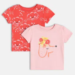 MINI KLUB Cotton Knit Pack Of 2 Half Sleeves Floral & Cloud Printed Tops - Red & Pink-picture-18