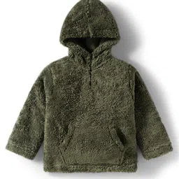 Babyhug Fur Knit Full Sleeves Solid Hooded Winter Jacket With Kangaroo Pockets - Olive Green-image-13