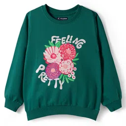 Pine Kids Cotton Knit Full Sleeves Sweatshirt With Feeling Pretty Text & Floral Print - Dark Green-picture-30