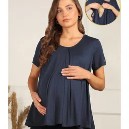 Zelena 95% Viscose 5 % Lycra Half Sleeves Solid Maternity Top With Side Open Nursing Access - Navy Blue-picture-10