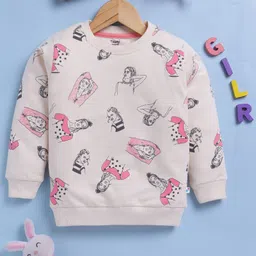 TOONYPORT Cotton Blend Knit Full Sleeves Girls Printed Light Winter Sweatshirt - Cream image 1