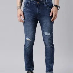 CINOCCI Denim Blue Cotton Slim Fit Distressed Jeans-picture-42