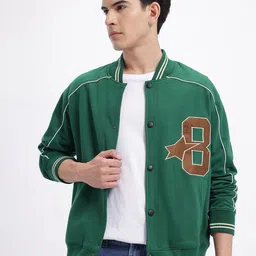 glitchez Typography Applique Detail Relaxed Fit Fleece Varsity Jacket with Contrast Piping-picture-16