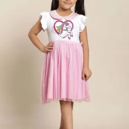 Kidsville White & Pink Cotton Printed Dress-image-1