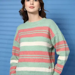 Thirty Threads Women Striped Woollen Long Sleeve Pullover-image-54