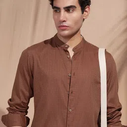 HIGHLANDER Slim Fit Textured Mandarin Collar Cotton Casual Shirt-picture-29