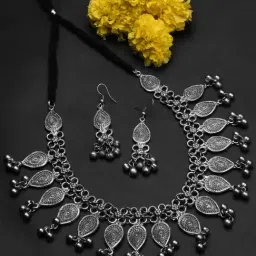 Fida Ethnic Traditional Oxidized Silver-Plated Teardrop Charm Necklace Set for Women-image-7