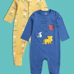 MINIKLUB Kids Yellow & Blue Printed Full Sleeves Sleepsuit (Pack Of 2)-image-90