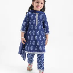 Babyhug 100% Cotton Woven Three Fourth Sleeves Kurti & Palazzo Set with Dupatta Floral Print - Indigo-picture-10